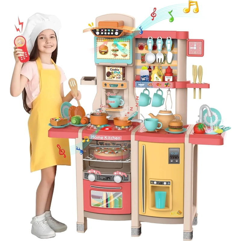 JUGUETE SET DE COCINA CON VAPOR LUZ Y SONIDO 65 PCS ROSADO - 1