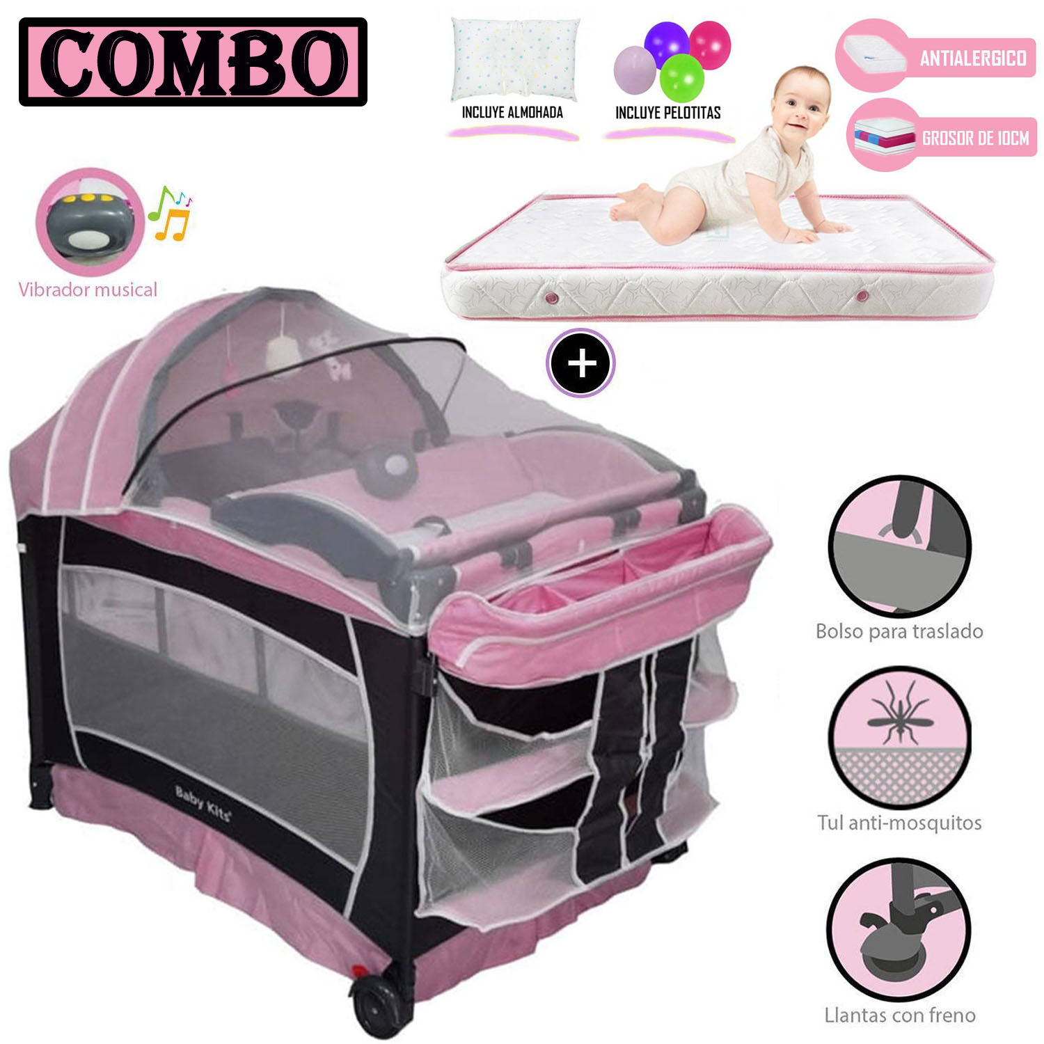 CUNA CORRAL BABY KITS VERONA ROSADO + COLCHÓN 4 ' ROSADO - 1