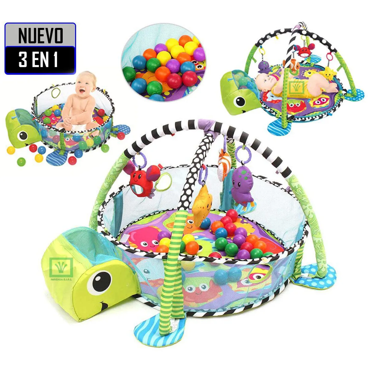 GIMNASIO DE BEBE DIDACTICO 3 EN 1 CON PELOTAS TORTUGA VERDE - 1
