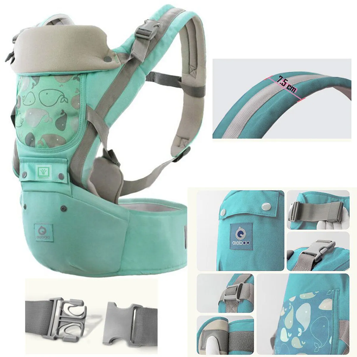 CANGURO PARA BEBÉ ERGONÓMICO BALLENA 3 EN 1 VERDE AGUA - 2