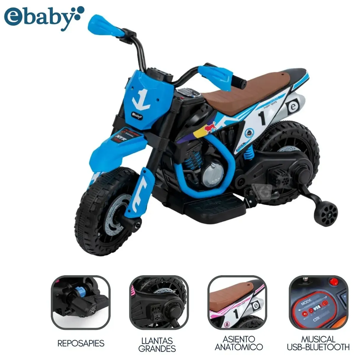 MOTOCICLETA A BATERÍA MUSICAL Y LUCES EBABY COD.349 AZUL - 1