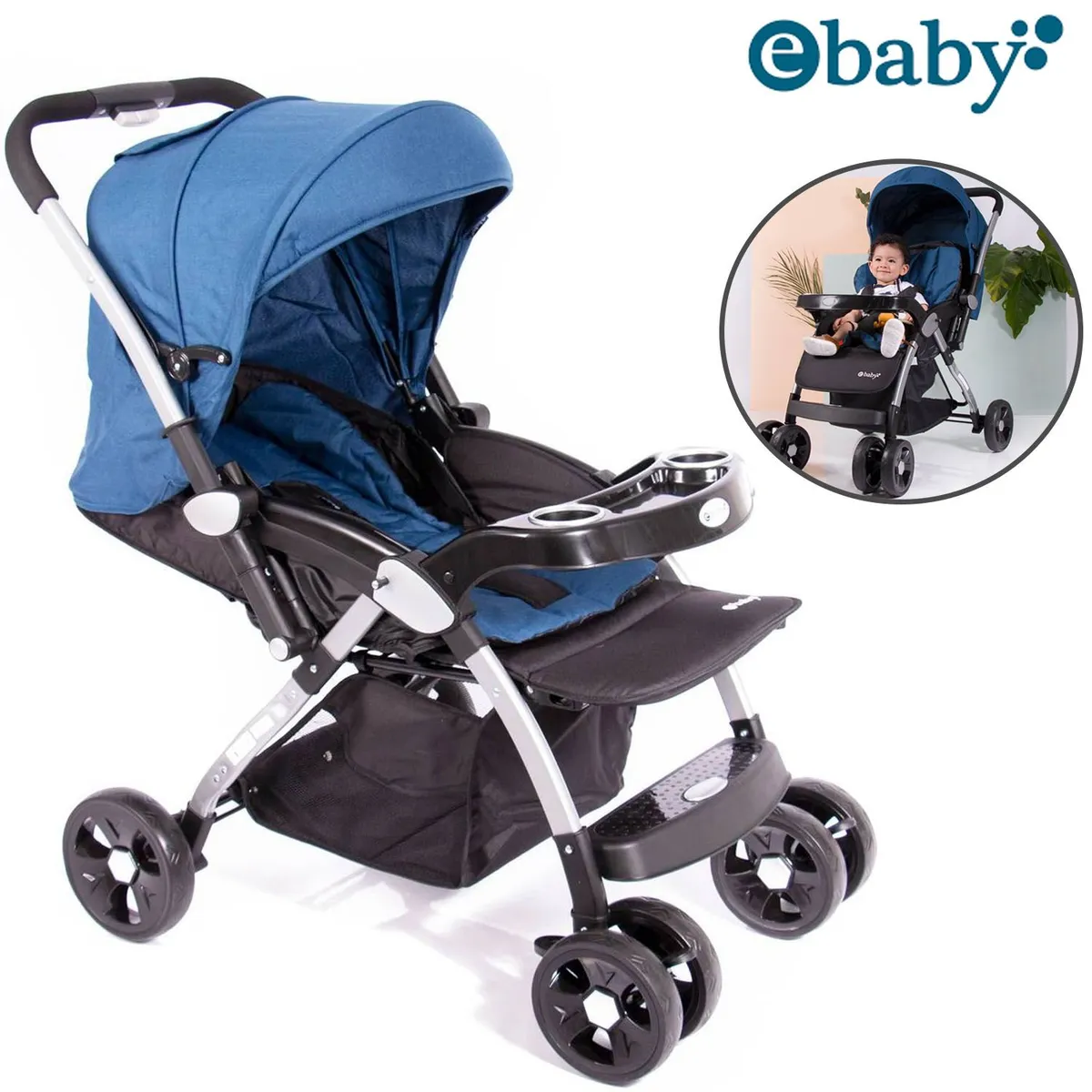 COCHE DE PASEO EBABY KUPER MANGO REVERSIBLE AZUL - 1