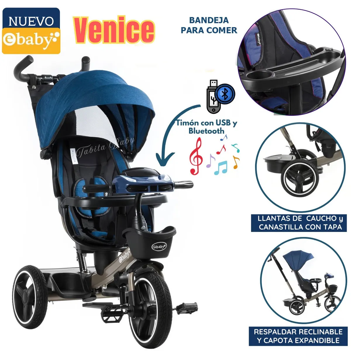 TRICICLO GUIADOR PARA NIÑOS USB Y BLUETOOH VENICE AZUL - 1