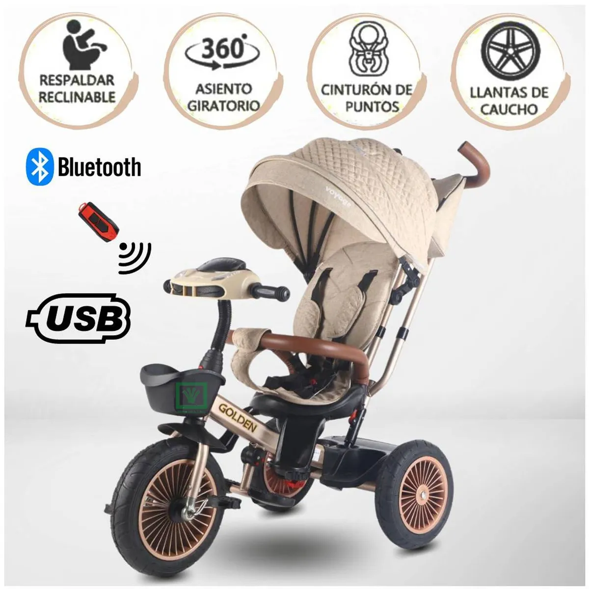 TRICICLO GUIADOR 3 EN 1 «GOLDEN II NEW COLLECTION» USB BEIGE - 1