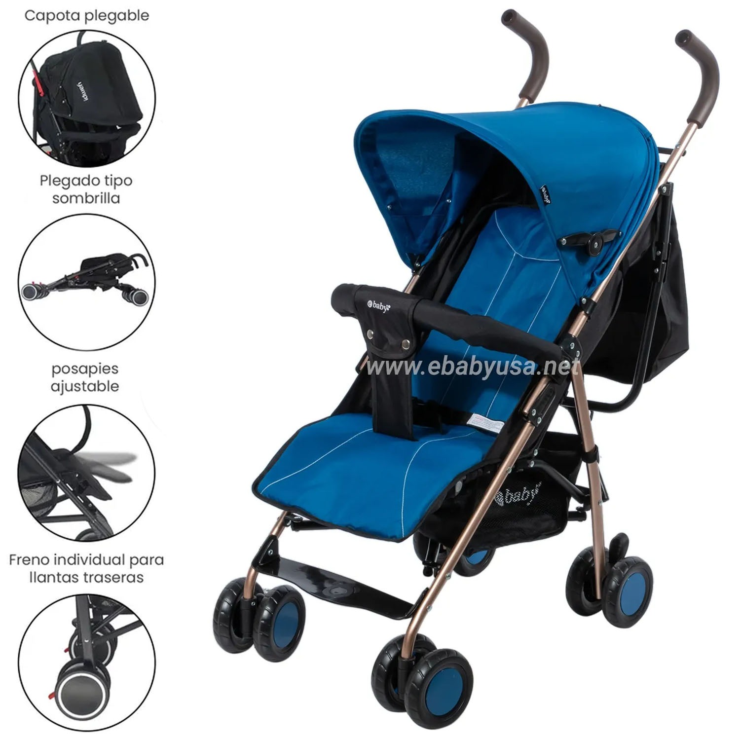COCHE BASTÓN RECLINABLE EBABY ZAZU EB217-1 AZUL - 1