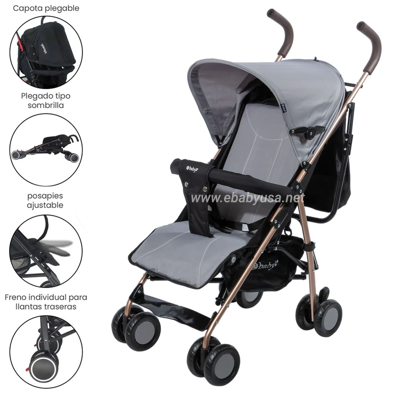 COCHE BASTÓN RECLINABLE EBABY ZAZU EB217-1 GRIS - 1