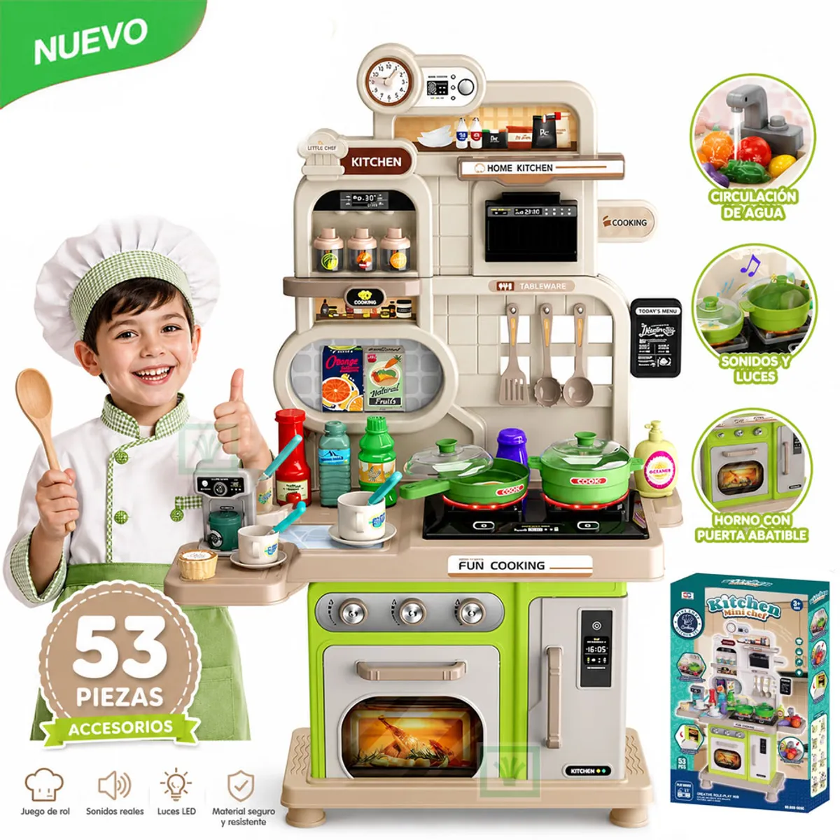 JUGUETE COCINA INTERACTIVA VERDE 53 PIEZAS CON SONIDOS LUCES Y AGUA - 1