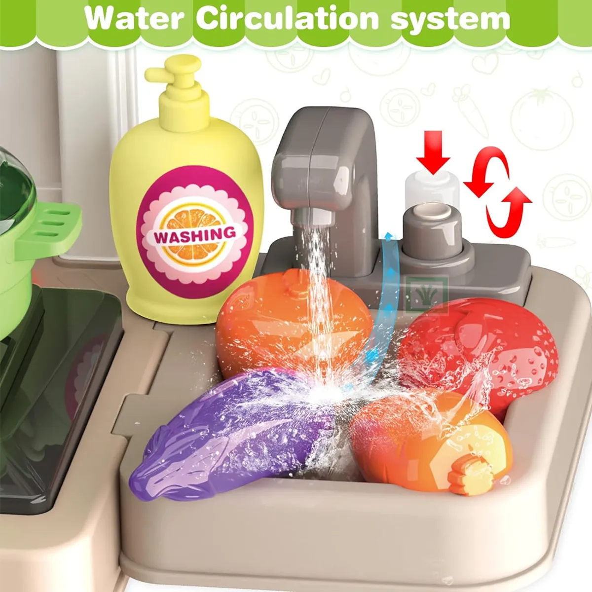 JUGUETE COCINA INTERACTIVA VERDE 53 PIEZAS CON SONIDOS LUCES Y AGUA - 5