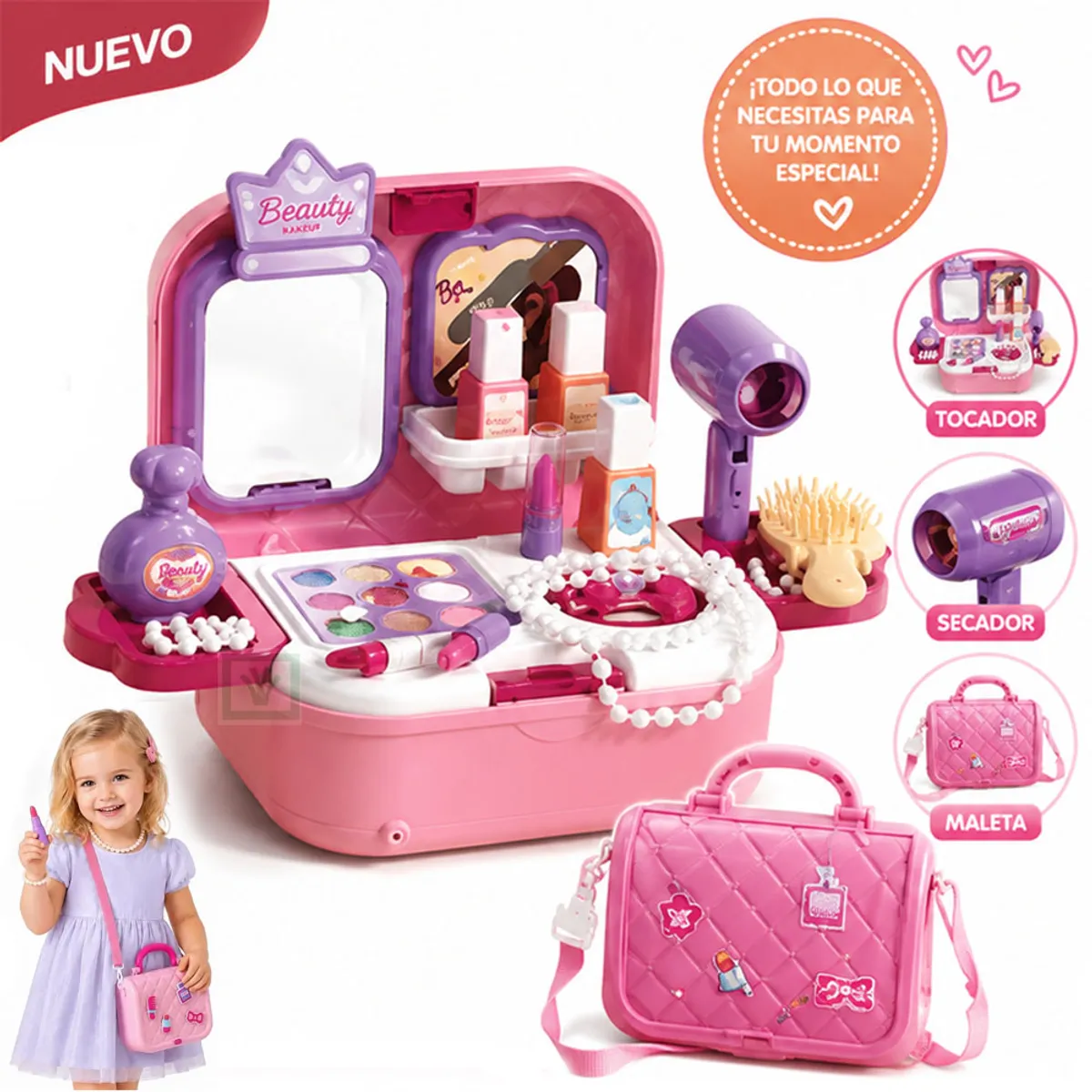 JUGUETE MALETIN TOCADOR DE MAQUILLAJE 2 EN 1 ROSADO 008-703A - 1