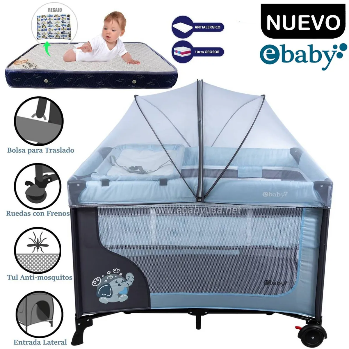 CUNA CORRAL EBABY CON CAMBIADOR HAPPY DREAM CELESTE+COLCHÓN - 1