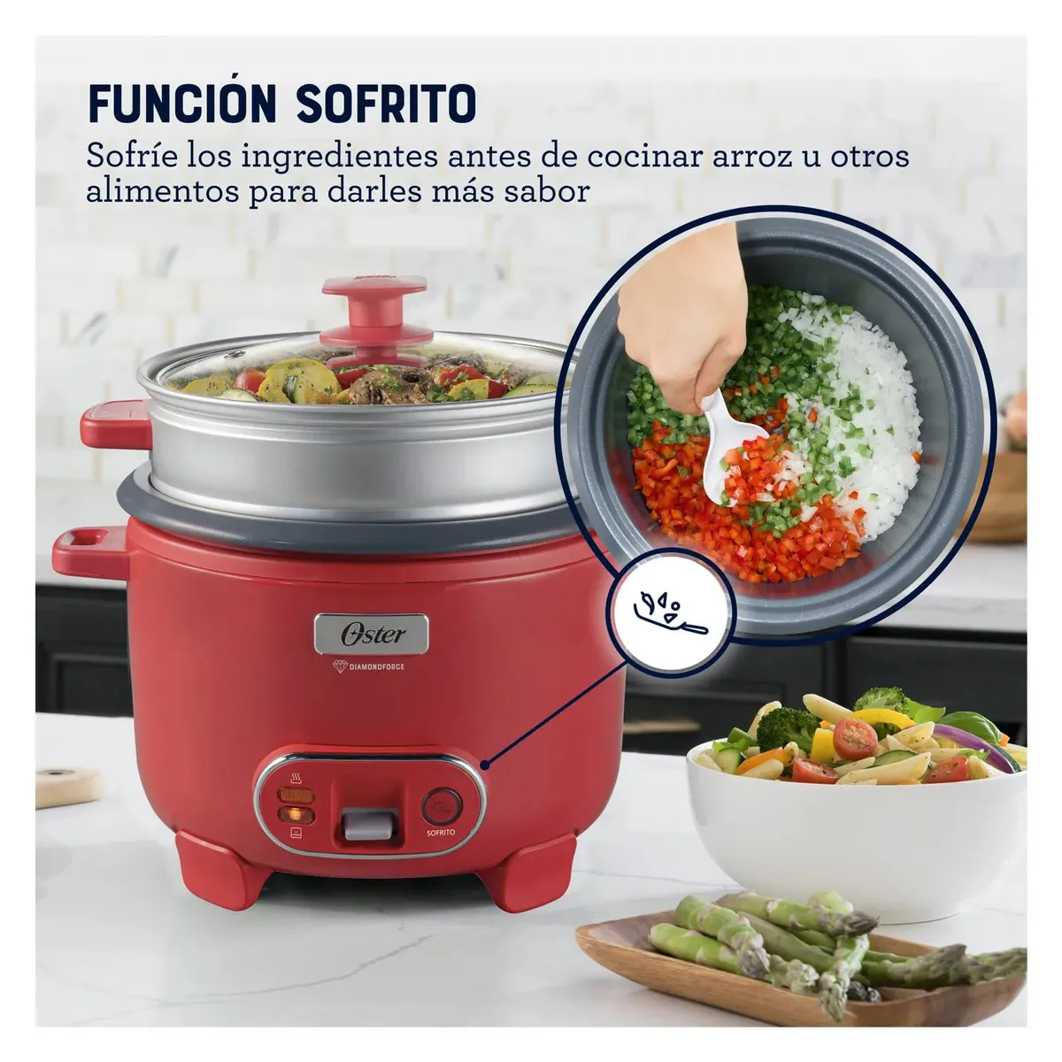 OLLA ARROCERA OSTER 1.8L 3 EN 1 FUNCIÓN DE SOFRITO VAPORERA ROJO CKSTRC10DFPNK - 5