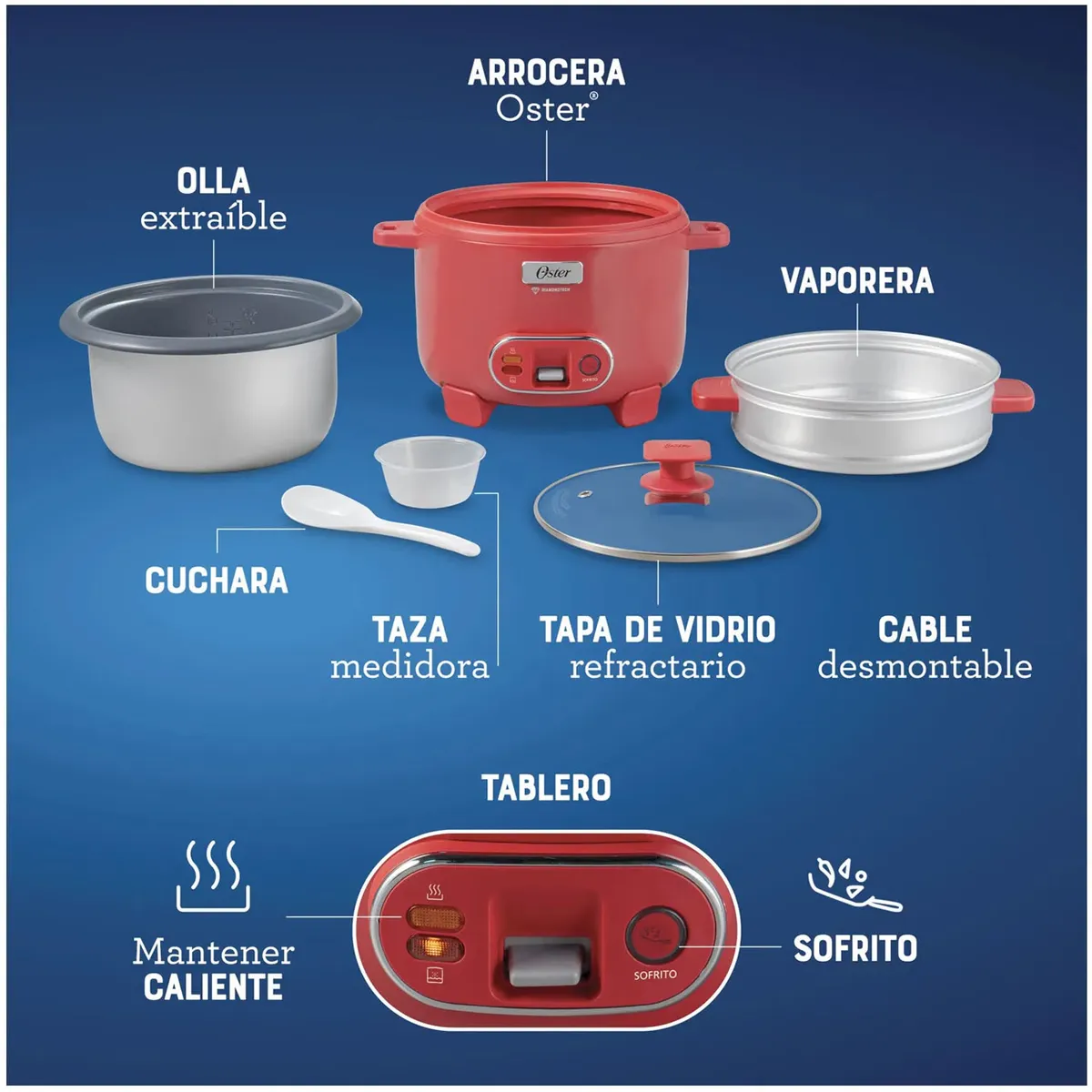 OLLA ARROCERA OSTER 1.8L 3 EN 1 FUNCIÓN DE SOFRITO VAPORERA ROJO CKSTRC10DFPNK - 6