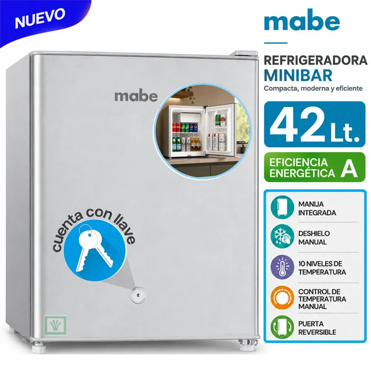 FRIGOBAR 42 L BRUTOS INOX MABE RMF02PRX1 CON LLAVE - 1