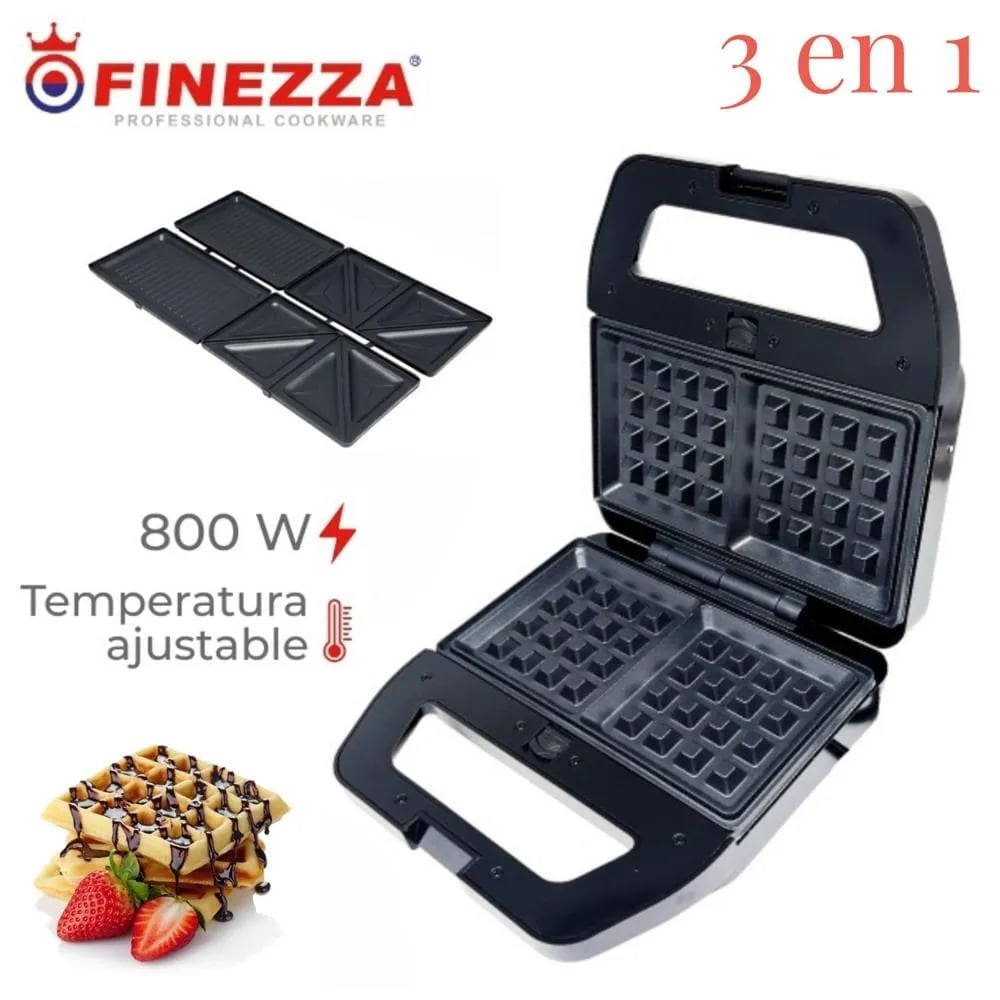 WAFFLERA FINEZZA FZ-829W3 INTERCAMBIABLES PARA SANDWICHERA Y GRILL 3 EN 1 NEGRO - 1