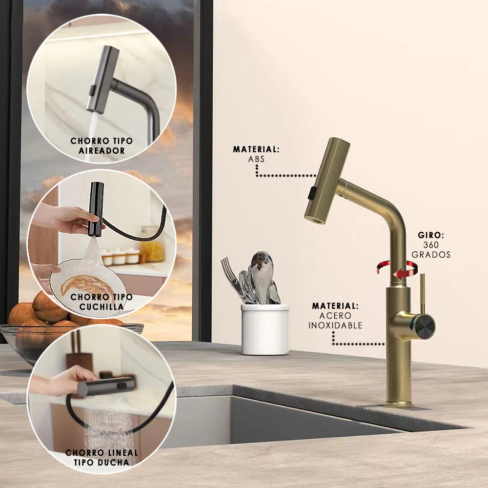 LLAVE HILIVING GMD-LS3 GRIFERIA MONOMANDO DORADO GOLD COCINA CON 3 TIPOS CHORRO - 2