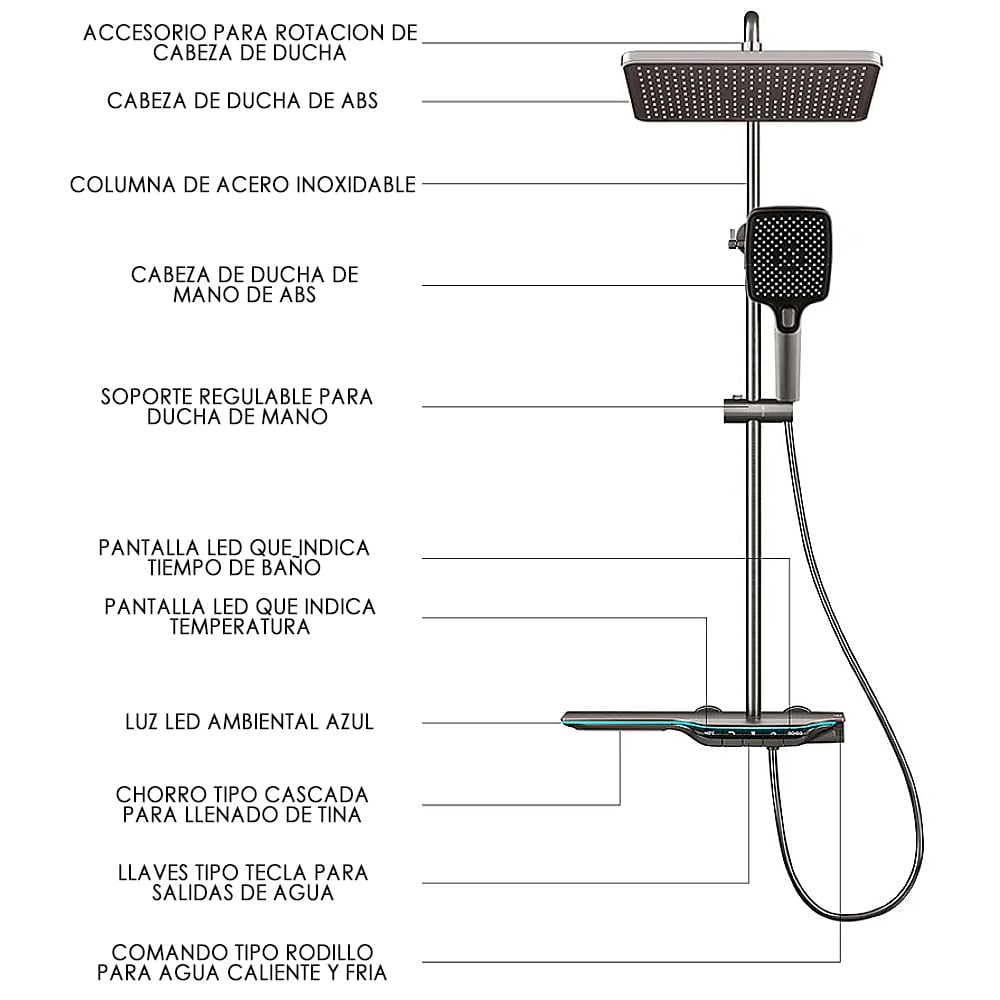 COLUMNA DUCHA HILIVING SD-SPH5 GRIS 5 MULTICHORROS TECLAS PANTALLA DIGITAL LED 126 CM - 2