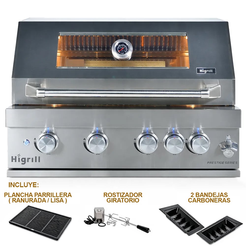 PARRILLA A GAS Y CARBON DE 5 QUEMADORES PARA EMPOTRAR DE ACERO INOXIDABLE 304 CON EQUIPAMIENTO HIGRILL FULL - 1