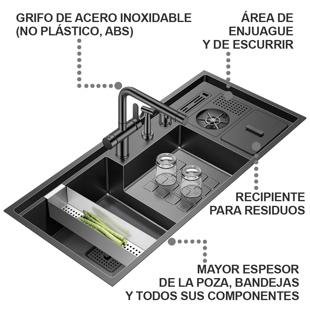 LAVADERO MULTIFUNCIONAL DE LUJO Y GRIFERÍA DUAL DE ACERO INOXIDABLE 304 CON DISEÑO ESCALONADO Y CUBETA PARA RESIDUOS 7 FUNCIONES - 1