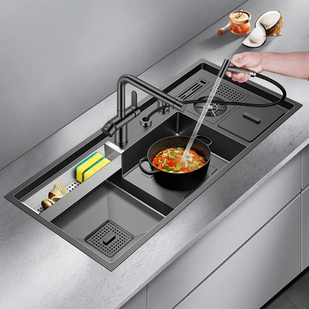 LAVADERO MULTIFUNCIONAL DE LUJO Y GRIFERÍA DUAL DE ACERO INOXIDABLE 304 CON DISEÑO ESCALONADO Y CUBETA PARA RESIDUOS 7 FUNCIONES - 2