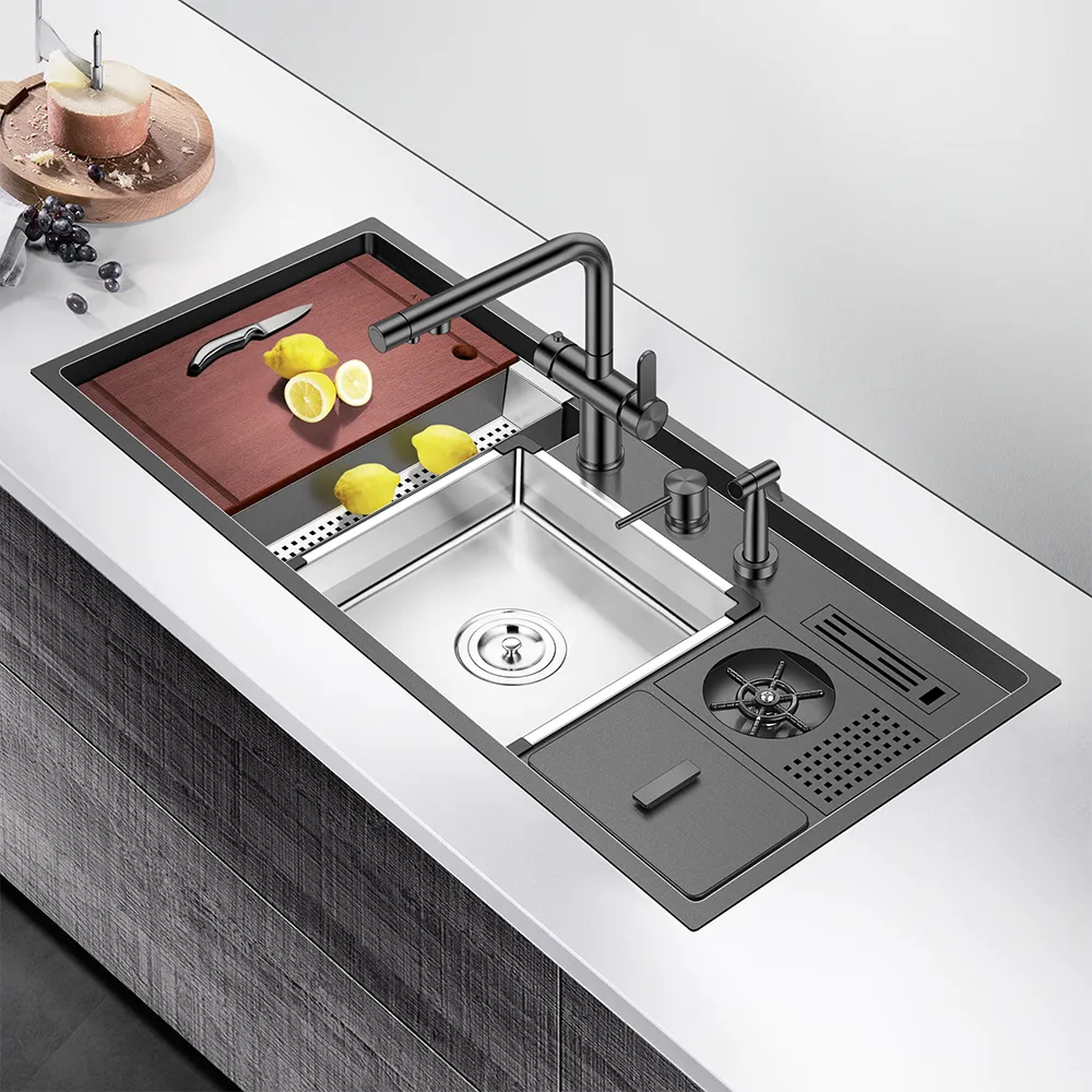 LAVADERO MULTIFUNCIONAL DE LUJO Y GRIFERÍA DUAL DE ACERO INOXIDABLE 304 CON DISEÑO ESCALONADO Y CUBETA PARA RESIDUOS 7 FUNCIONES - 4