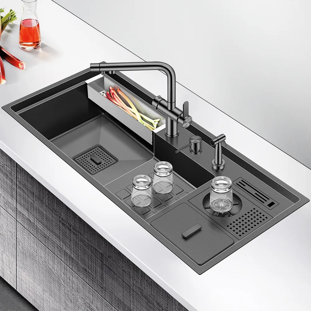 LAVADERO MULTIFUNCIONAL DE LUJO Y GRIFERÍA DUAL DE ACERO INOXIDABLE 304 CON DISEÑO ESCALONADO Y CUBETA PARA RESIDUOS 7 FUNCIONES - 5