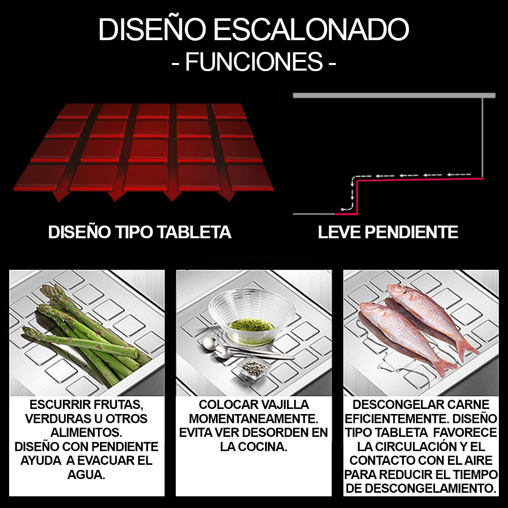 LAVADERO MULTIFUNCIONAL DE LUJO Y GRIFERÍA DUAL DE ACERO INOXIDABLE 304 CON DISEÑO ESCALONADO Y CUBETA PARA RESIDUOS 7 FUNCIONES - 6