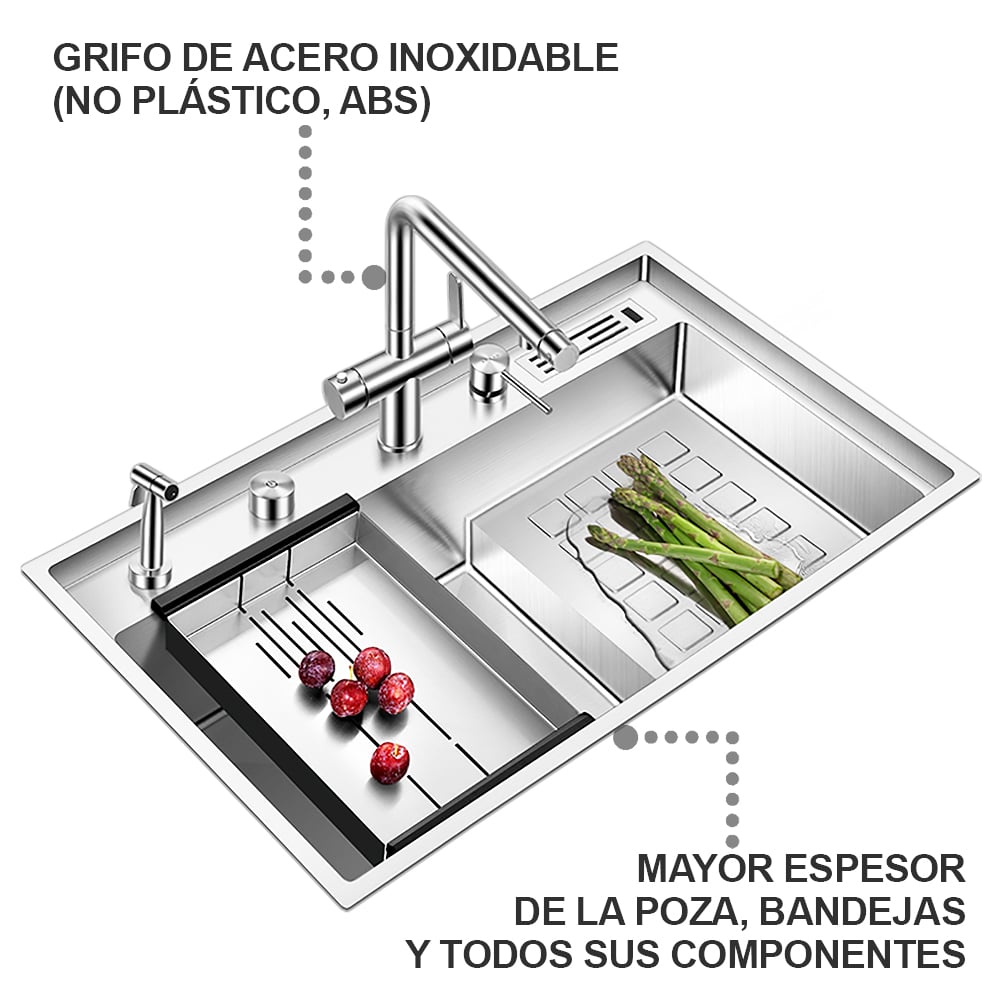 LAVADERO MULTIFUNCIONAL DE LUJO Y GRIFERIA DUAL DE ACERO INOXIDABLE 304 CON DISEÑO ESCALONADO Y BANDEJAS 6 FUNCIONES - 1