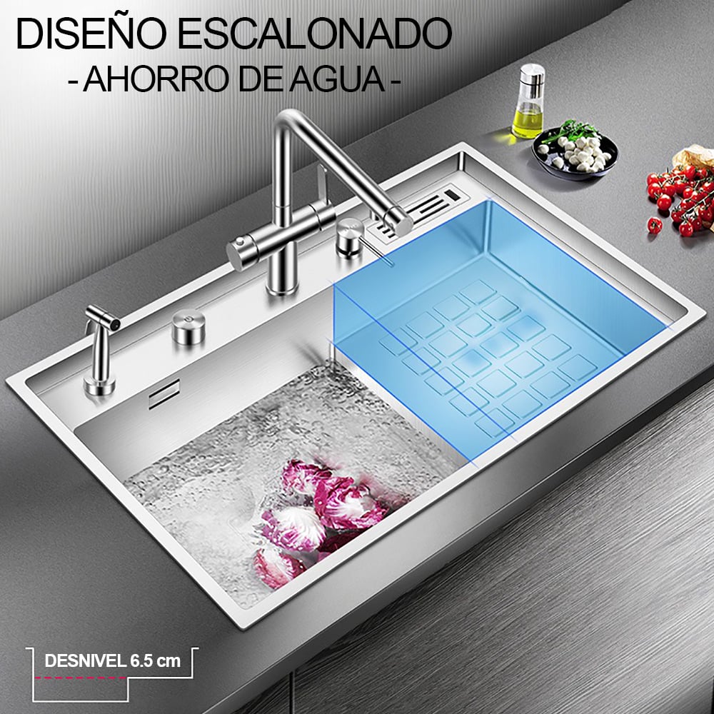LAVADERO MULTIFUNCIONAL DE LUJO Y GRIFERIA DUAL DE ACERO INOXIDABLE 304 CON DISEÑO ESCALONADO Y BANDEJAS 6 FUNCIONES - 4