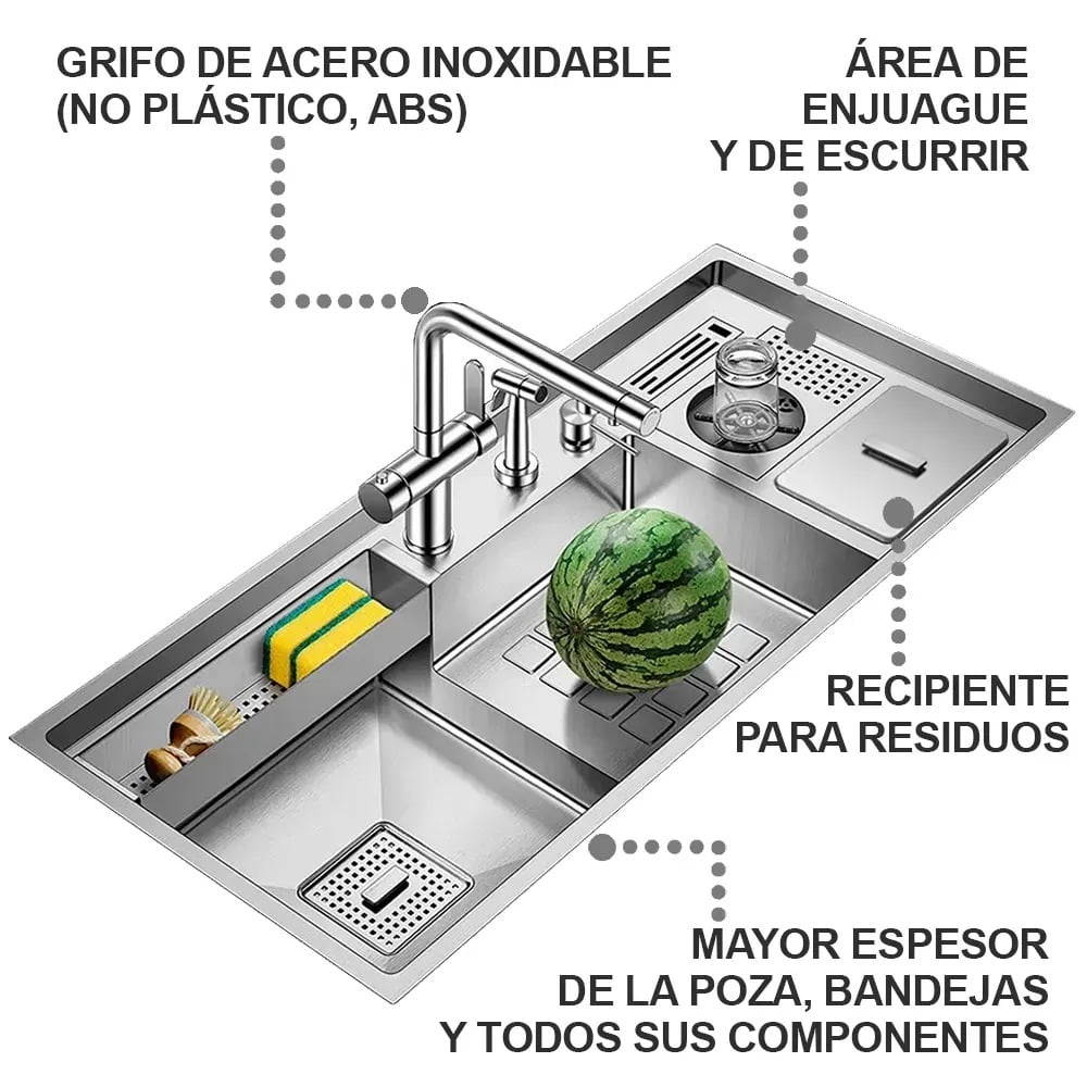 LAVADERO MULTIFUNCIONAL DE LUJO Y GRIFERÍA DUAL DE ACERO INOXIDABLE 304 CON DISEÑO ESCALONADO Y CUBETA PARA RESIDUOS 7 FUNCIONES - 1