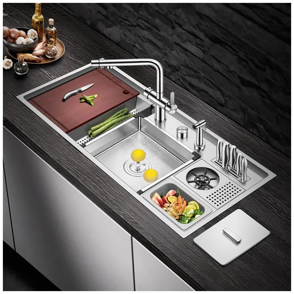 LAVADERO MULTIFUNCIONAL DE LUJO Y GRIFERÍA DUAL DE ACERO INOXIDABLE 304 CON DISEÑO ESCALONADO Y CUBETA PARA RESIDUOS 7 FUNCIONES - 2