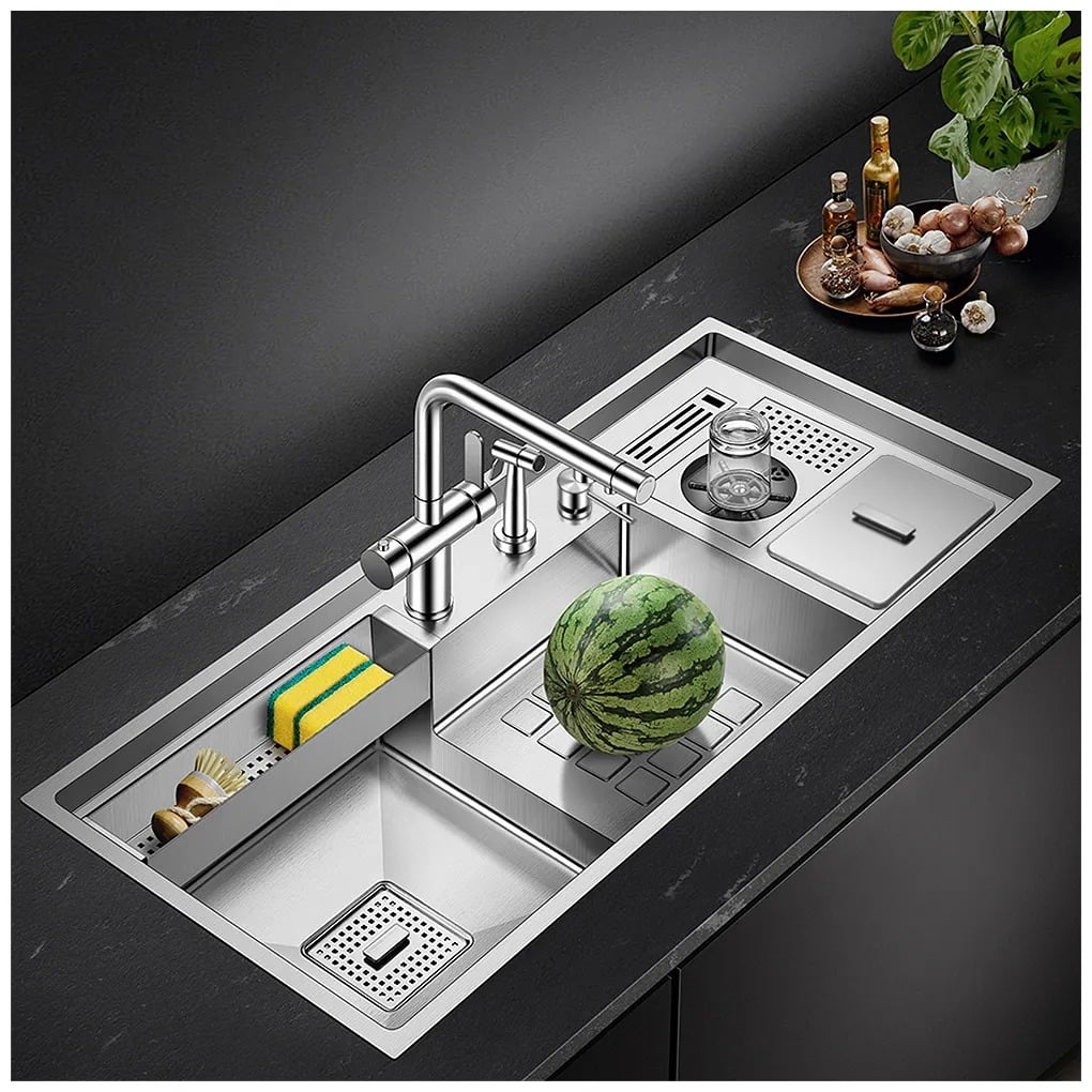 LAVADERO MULTIFUNCIONAL DE LUJO Y GRIFERÍA DUAL DE ACERO INOXIDABLE 304 CON DISEÑO ESCALONADO Y CUBETA PARA RESIDUOS 7 FUNCIONES - 3