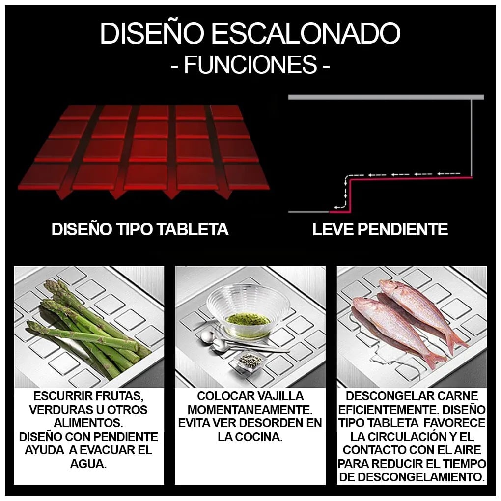 LAVADERO MULTIFUNCIONAL DE LUJO Y GRIFERÍA DUAL DE ACERO INOXIDABLE 304 CON DISEÑO ESCALONADO Y CUBETA PARA RESIDUOS 7 FUNCIONES - 5