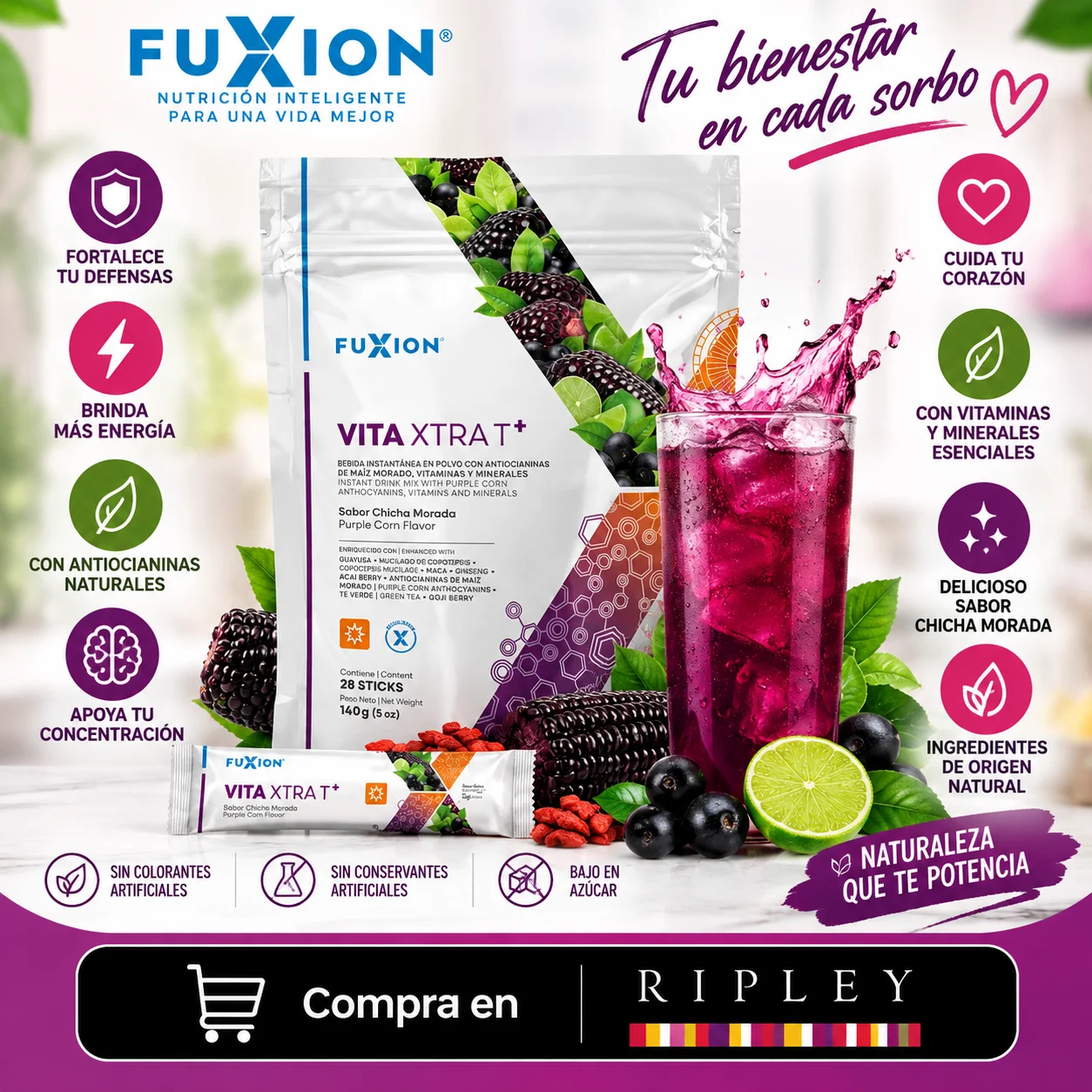 SUPLEMENTO FUXION VITA XTRA T+ ENERGÍA FÍSICA Y MENTAL 28 STICKS - 2