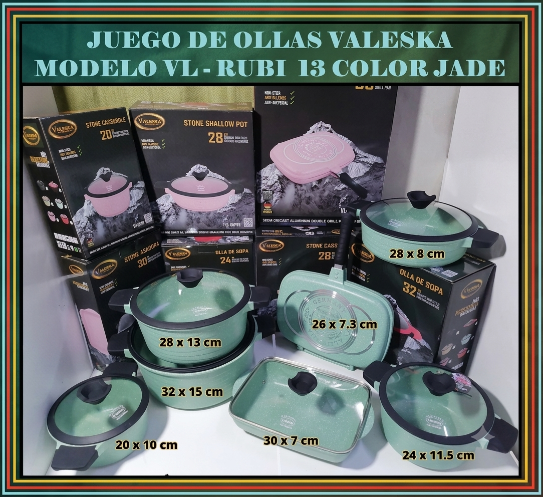 JUEGO DE OLLAS DE 13 PIEZAS ROCA VOLCANICA VALESKA COLOR JADE - 1