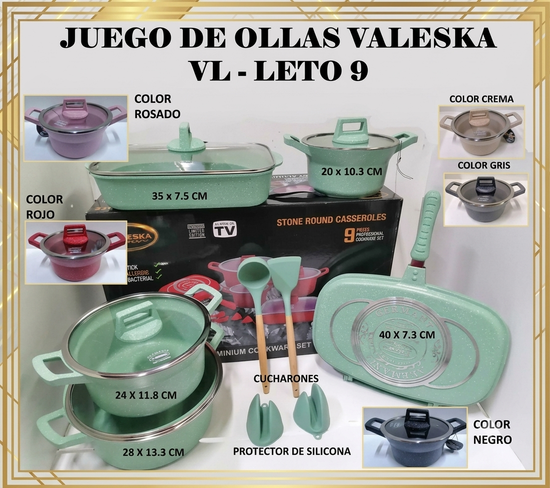 JUEGO DE OLLAS ROCA VOLCANICA COLOR VERDE VALESKA 9 PIEZAS - 1