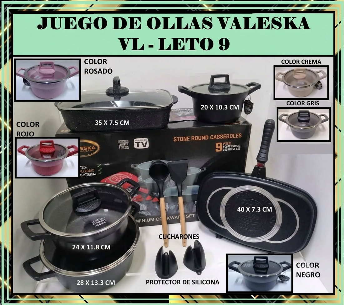 JUEGO DE OLLAS ROCA VOLCANICA COLOR NEGRO VALESKA 9 PIEZAS - 1