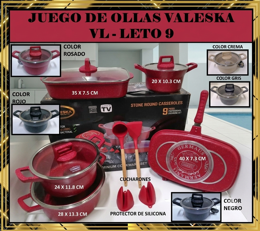JUEGO DE OLLAS ROCA VOLCANICA COLOR ROJO VALESKA  9 PIEZAS - 1