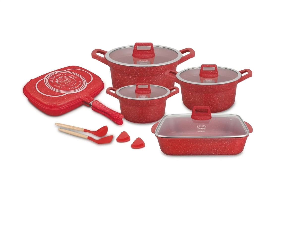 JUEGO DE OLLAS ROCA VOLCANICA COLOR ROJO VALESKA  9 PIEZAS - 2