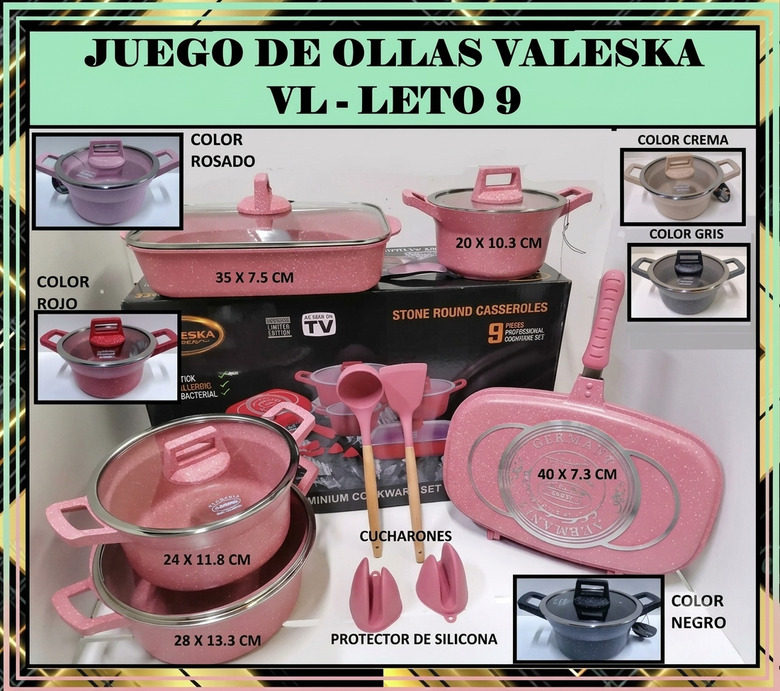 JUEGO DE OLLAS ROCA VOLCANICA COLOR ROSADO VALESKA 9 PIEZAS - 1
