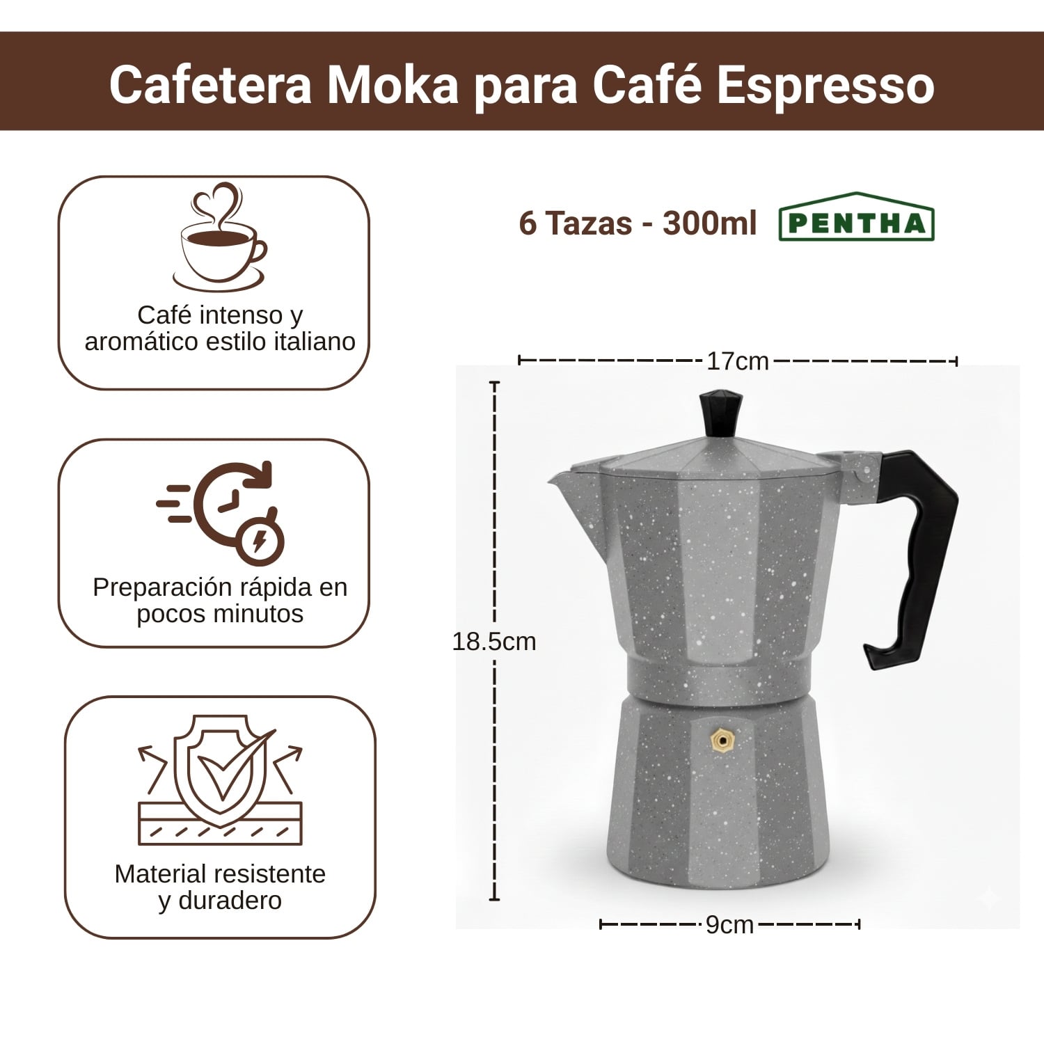 CAFETERA ITALIANA CFTR-NGRT EXPRESSO MOKA 6 TAZAS COLOR PLOMO 300ML - 3