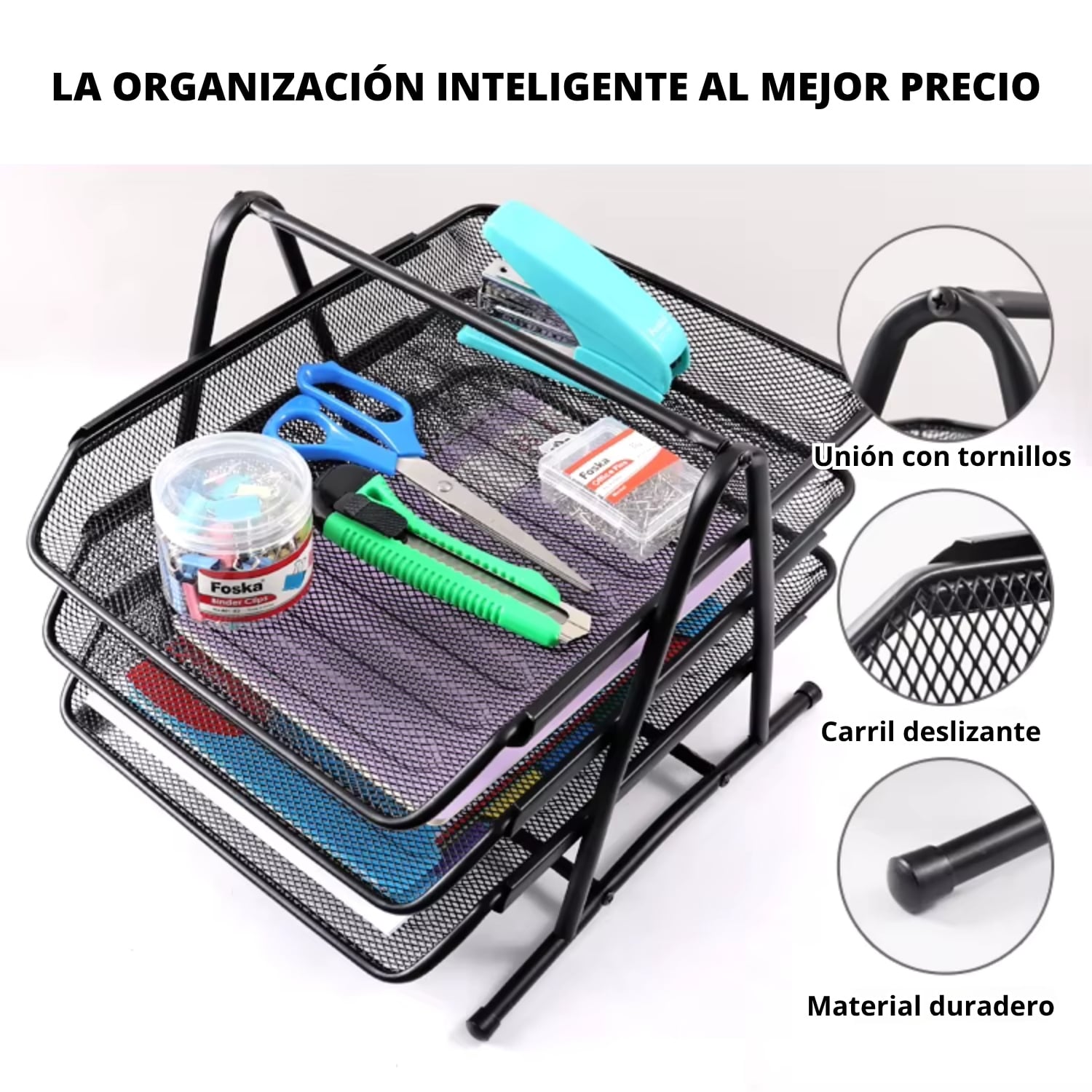 BANDEJA METÁLICA 3 PISOS PARA DOCUMENTOS Y PAPELES - 5