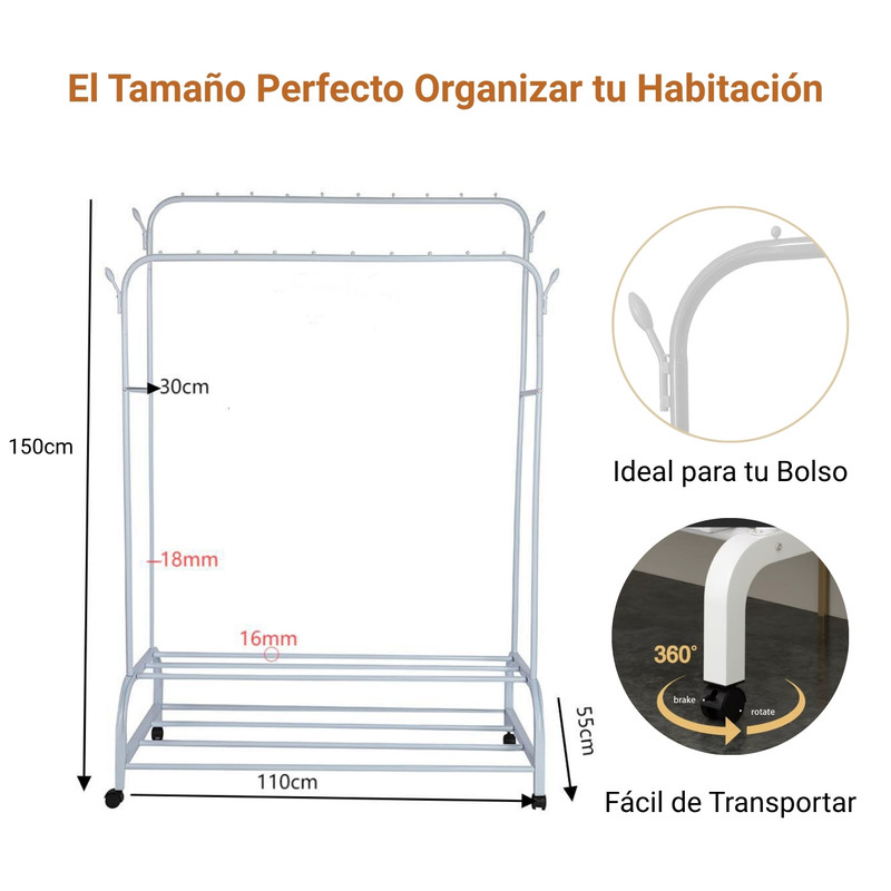 PERCHERO DOBLE COLGADOR ARMABLE CON RUEDAS Y ESTANTES BLANCO - 2