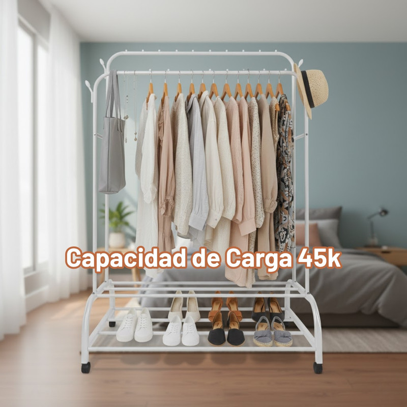 PERCHERO DOBLE COLGADOR ARMABLE CON RUEDAS Y ESTANTES BLANCO - 4