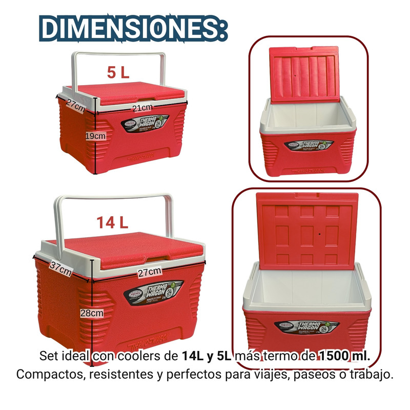SET HIELERA THERMO WAGON 14L + 5L + 1.5L – FRESCURA PORTÁTIL ROJO - 3
