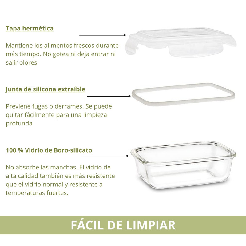 TAPER DE VIDRIO 700ML HERMÉTICO Y PRÁCTICO 3 UNIDADES VERDE - 3