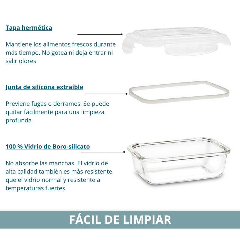 TAPER DE VIDRIO 700ML HERMÉTICO Y PRÁCTICO 3 UNIDADES CELESTE - 4