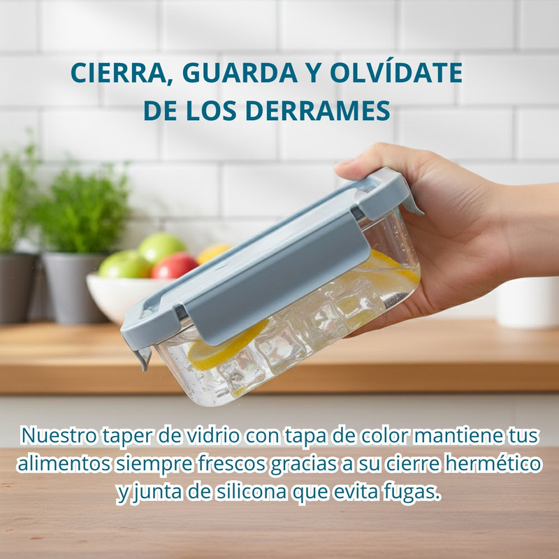 TAPER DE VIDRIO 700ML HERMÉTICO Y PRÁCTICO 3 UNIDADES CELESTE - 5