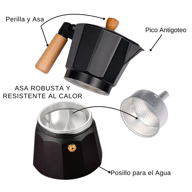 CAFETERA MOKA ITALIANA ELEGANTE NEGRO 6 TAZAS – 300ML - 2