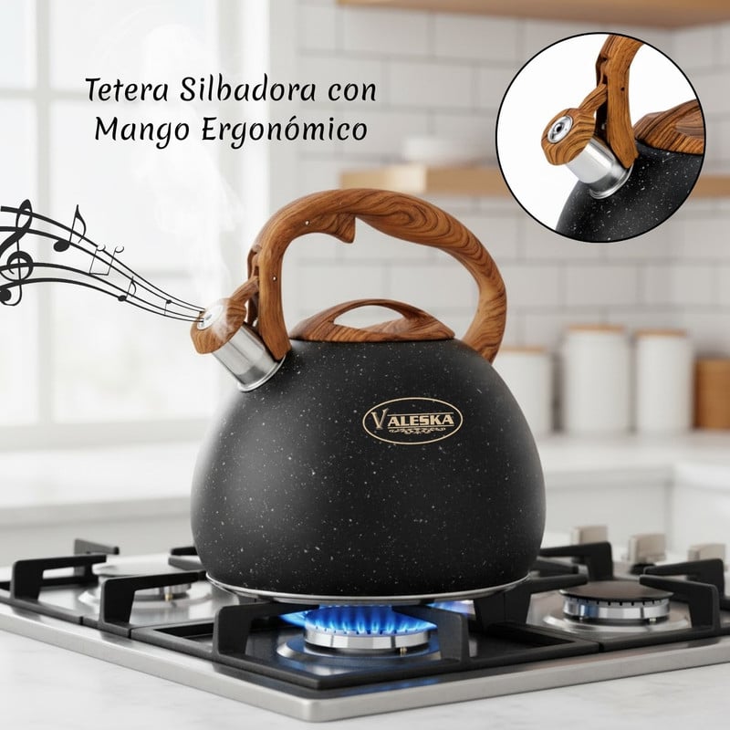 TETERA SILBADORA ACERO INOXIDABLE VALESKA ACABADO GRANITO 5L NEGRO - 2