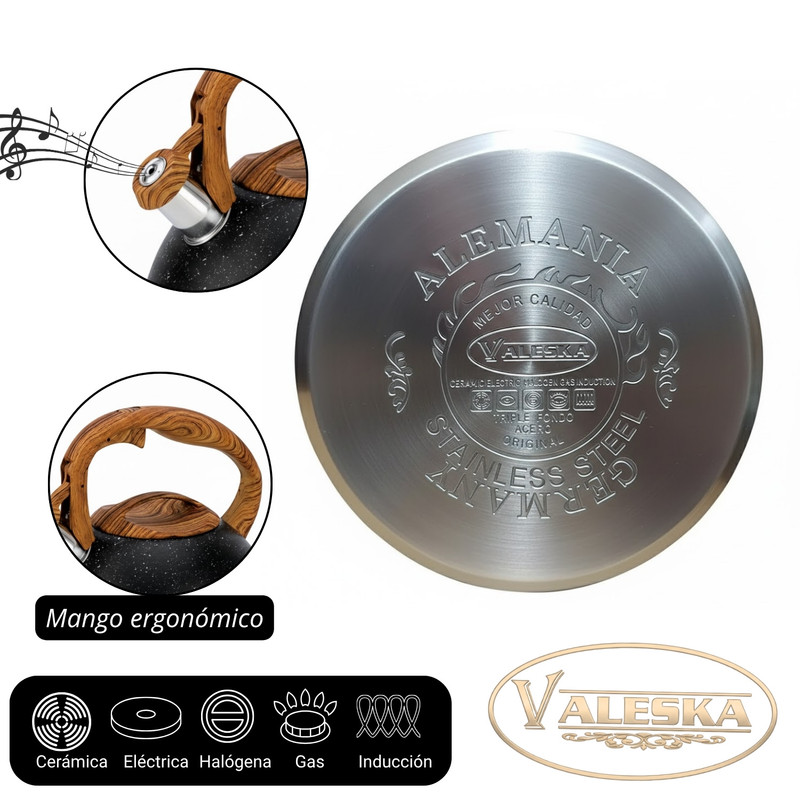 TETERA SILBADORA ACERO INOXIDABLE VALESKA ACABADO GRANITO 5L NEGRO - 5